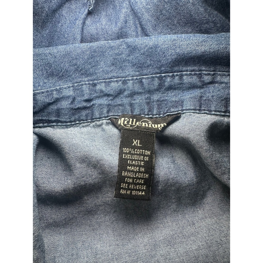 Millenium Blue Denim Shirt Dress XL Half Zip Short Sleeve Elastic Waist Tie Belt - Picture 7 of 10